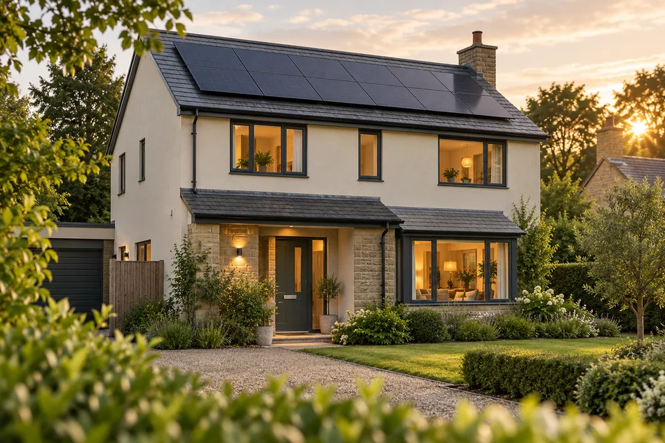 A welcoming home with solar panels at sunset